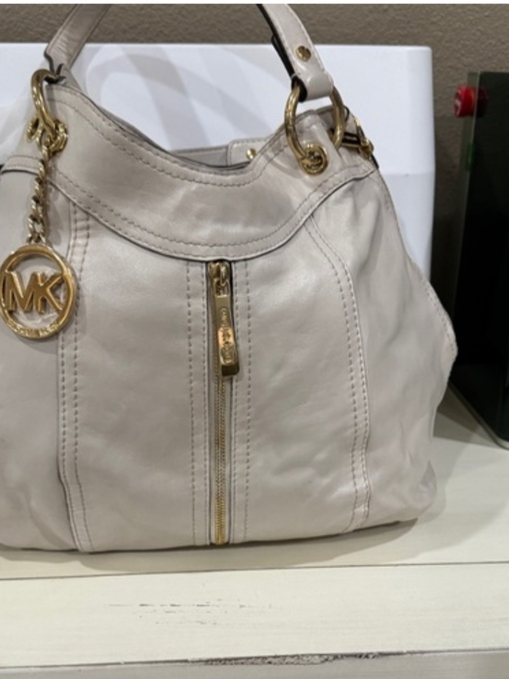 Michael Kors Beige Leather Shoulder Hobo with Gold Accents